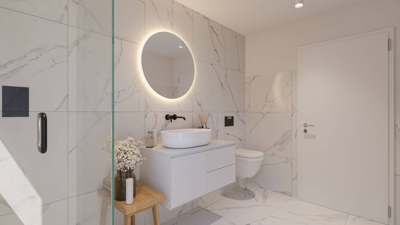 Modernes Bad mit Marmorfliesen, rundem Spiegel, Waschtisch und Dusche, elegante 3d visualisierung von gmsvision