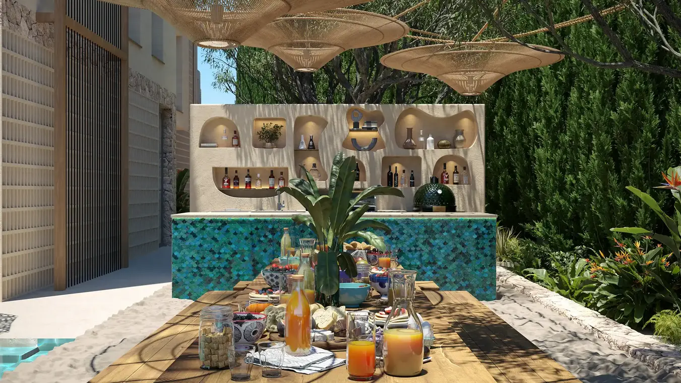 3D Visualisierung Außenbar und BBQ Lounge mit Mosaikfliesen – ATLANTIS Ibiza