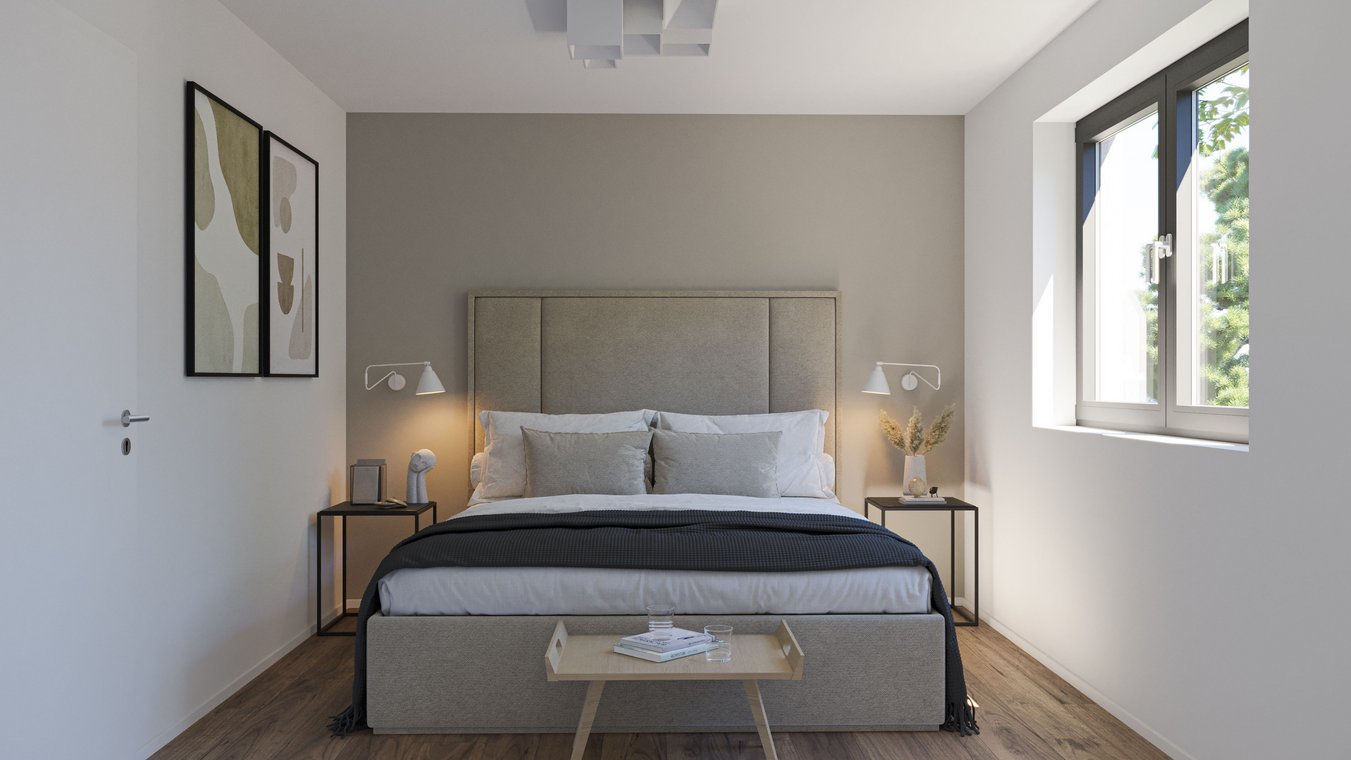 Bedroom with double bed, side tables, lamps, and wall art, detailed 3D Visualization by gmsvision