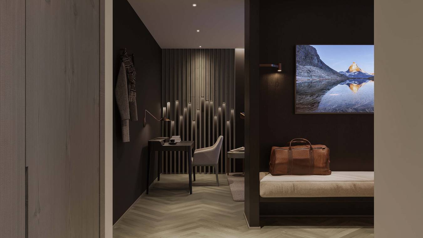 fotorealistische Innenraumvisualisierung eines modernen Hotelarbeitsbereichs