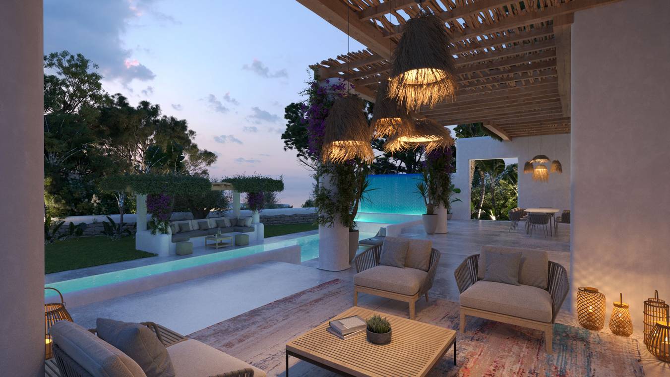 Abendliche Poolszene mit tropischem Garten und moderner Ibiza Villa – fotorealistische 3D Visualisierung
