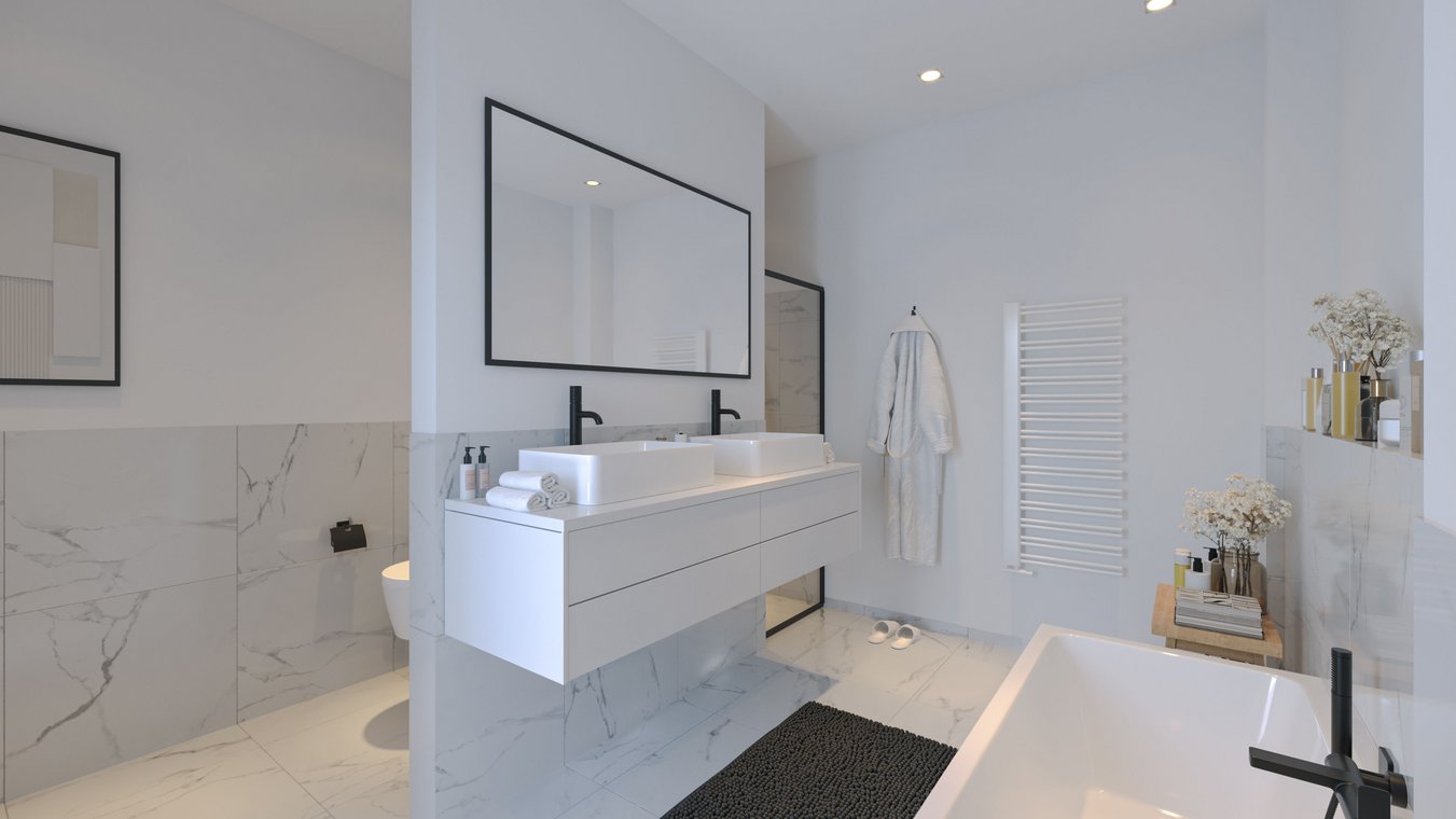 Architectural visualization of a luxurious bathroom in Hamburg, featuring double sinks, a freestanding bathtub, and elegant marble tiles.