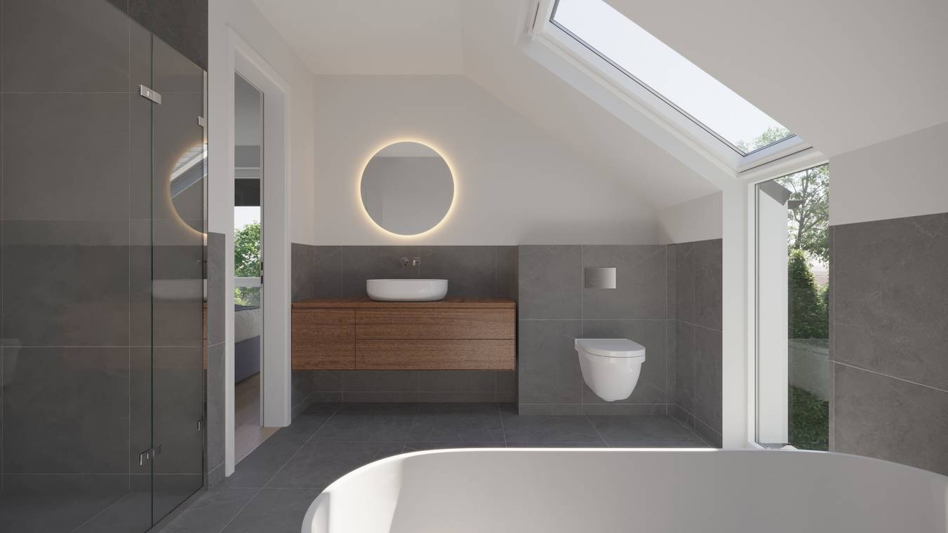 Moderne Badezimmervisualisierung mit Dachfenster, freistehender Badewanne und minimalistischem Interior Design in einer Neubauwohnung