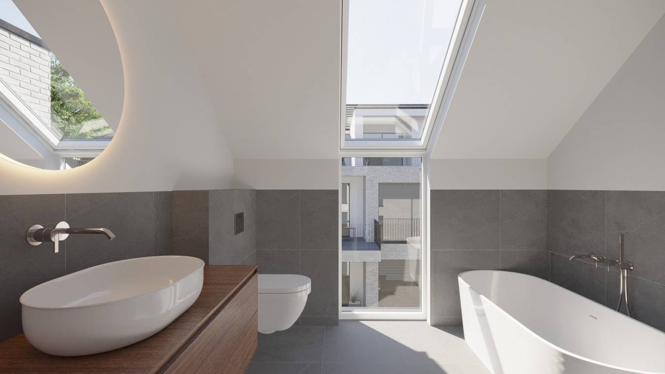 Modernes Badezimmer mit freistehender Badewanne und Dachfenster – Interior Visualisierung Neubauwohnung