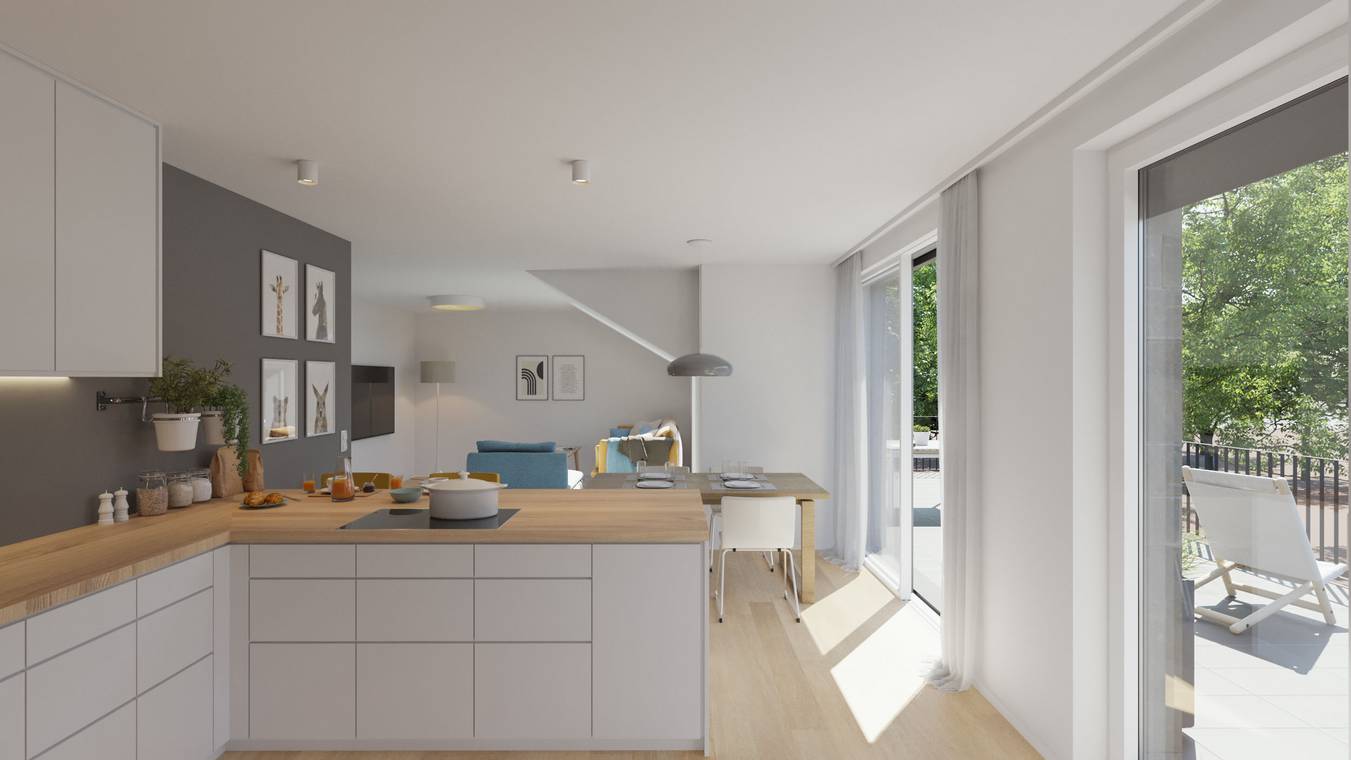 fotorealistische Innenraumvisualisierung von Küche und Wohnbereich im Wohnprojekt Salinenstraße Wiesbaden