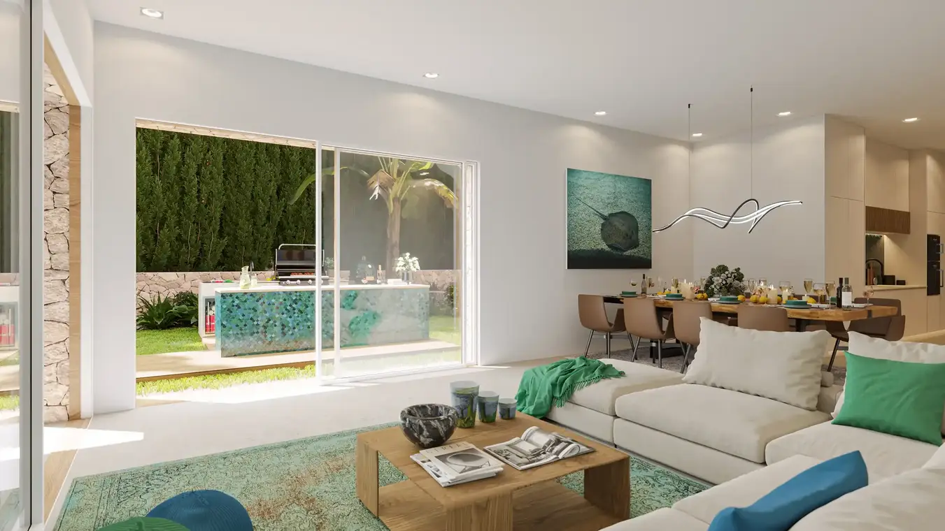 Innenraumvisualisierung Wohnzimmer mit Essbereich und Meerblick – ATLANTIS Ibiza