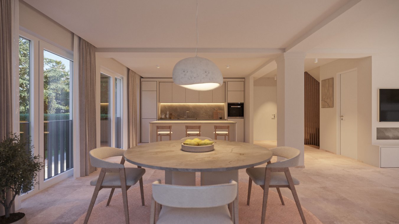 Innenvisualisierung Einfamilienhaus Hannover – moderner Essbereich mit rundem Tisch, Designerlampe und Blick in die Küche