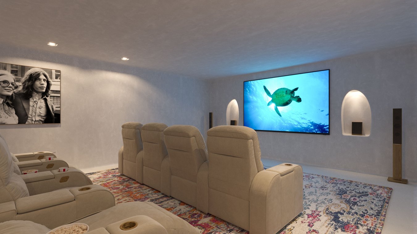 Home cinema with comfortable leather seats, large screen, and modern sound system in Ibiza.