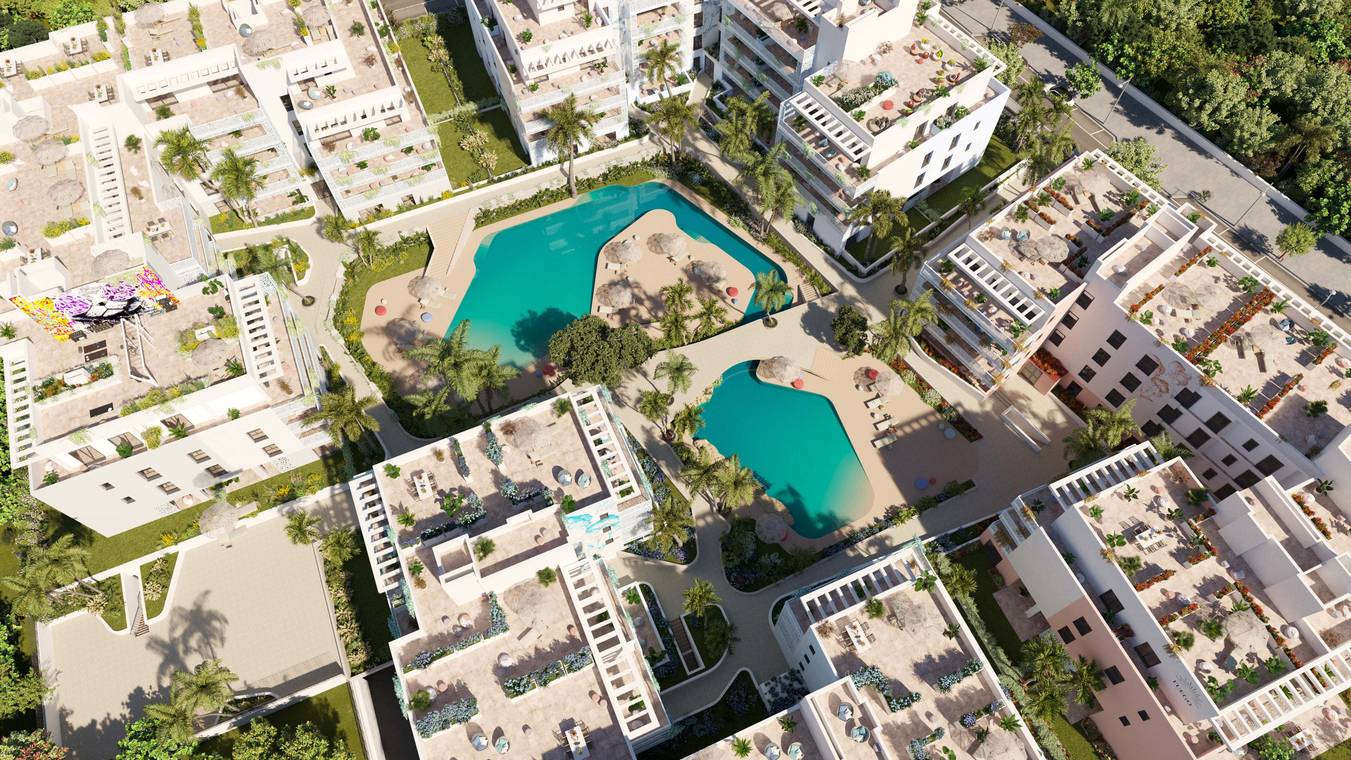 Luftperspektive eines modernen Wohnquartiers mit Pools, Dachterrassen und Innenhof – 3D Architekturvisualisierung Ibiza