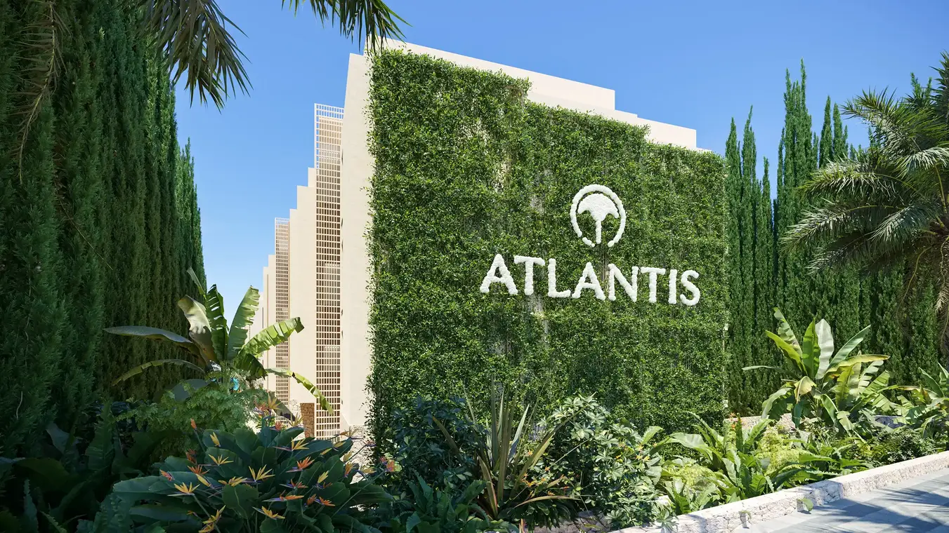 Architekturvisualisierung Fassade mit ATLANTIS Logo und Begrünung – ATLANTIS Ibiza