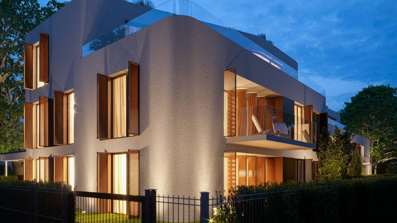 3D Visualisierung der Außenansicht eines modernen Wohnhauses in Berlin mit Glasbalkonen