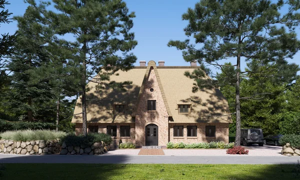 Architectural visualization of a traditional thatched-roof house with red brick facade and black entrance door, surrounded by tall pine trees.