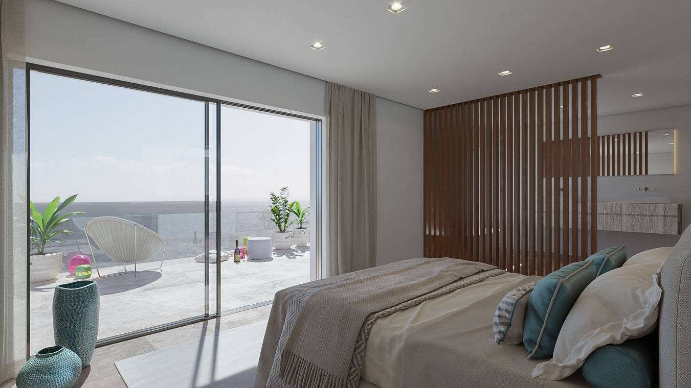 Minimalistisches Schlafzimmer mit Terrasse und Meerblick – Interior Rendering Ibiza