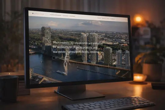 Desktop-Monitor mit der neuen gmsvision Website, die fotorealistische 3D-Visualisierung und Virtual-Reality-Services präsentiert.