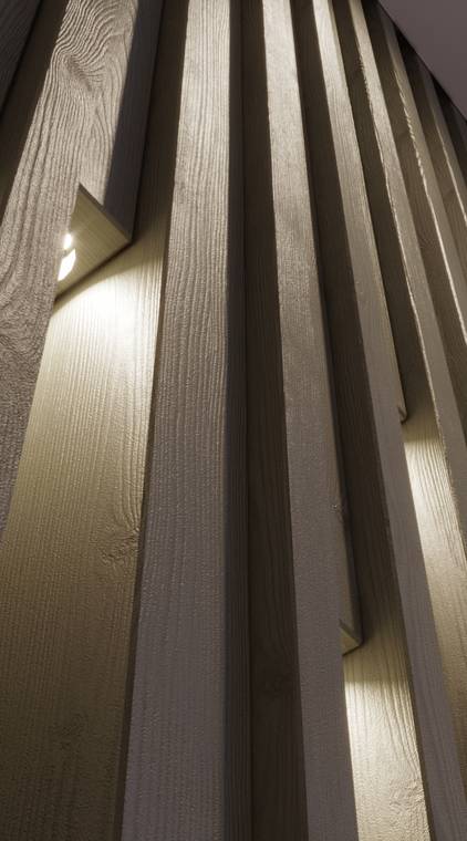 Produktvisualisierung von vertikalen Holzlamellen mit integrierter LED-Beleuchtung in modernem Hoteldesign.