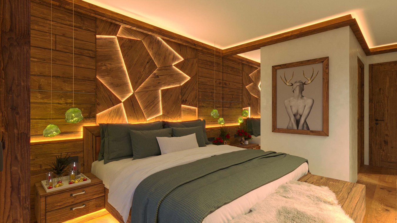 3D Visualization of a modern bedroom with geometric wooden wall design, green accents, and soft ambient lighting.
