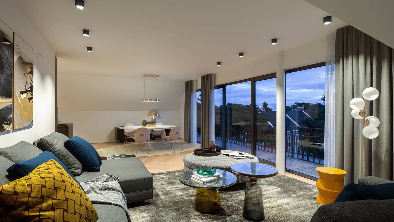 3D architekturvisualisierung von gmsvision eines modernen Wohnzimmers mit großen Panoramafenstern, stilvollen Möbeln und Blick auf den Sonnenuntergang.