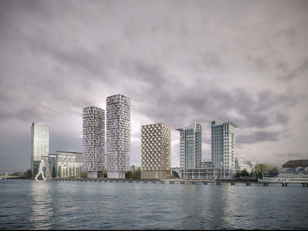 Full riverfront perspective of Spree skyline with residential towers, Molecule Man, and modern high-rises, realistic 3D Visualization by gmsvision