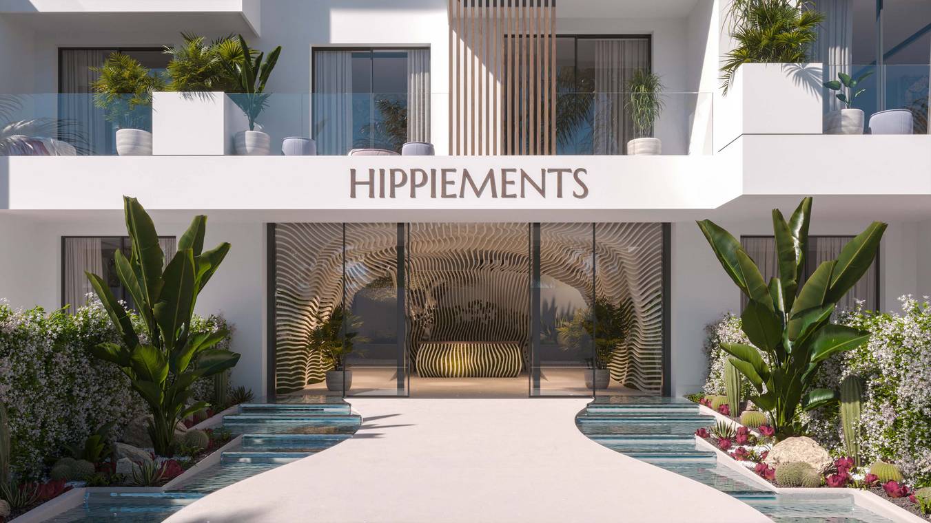 Architekturvisualisierung einer modernen Wohnanlage in Santa Eulària Ibiza mit begrünten Balkonen und mediterraner Architektur