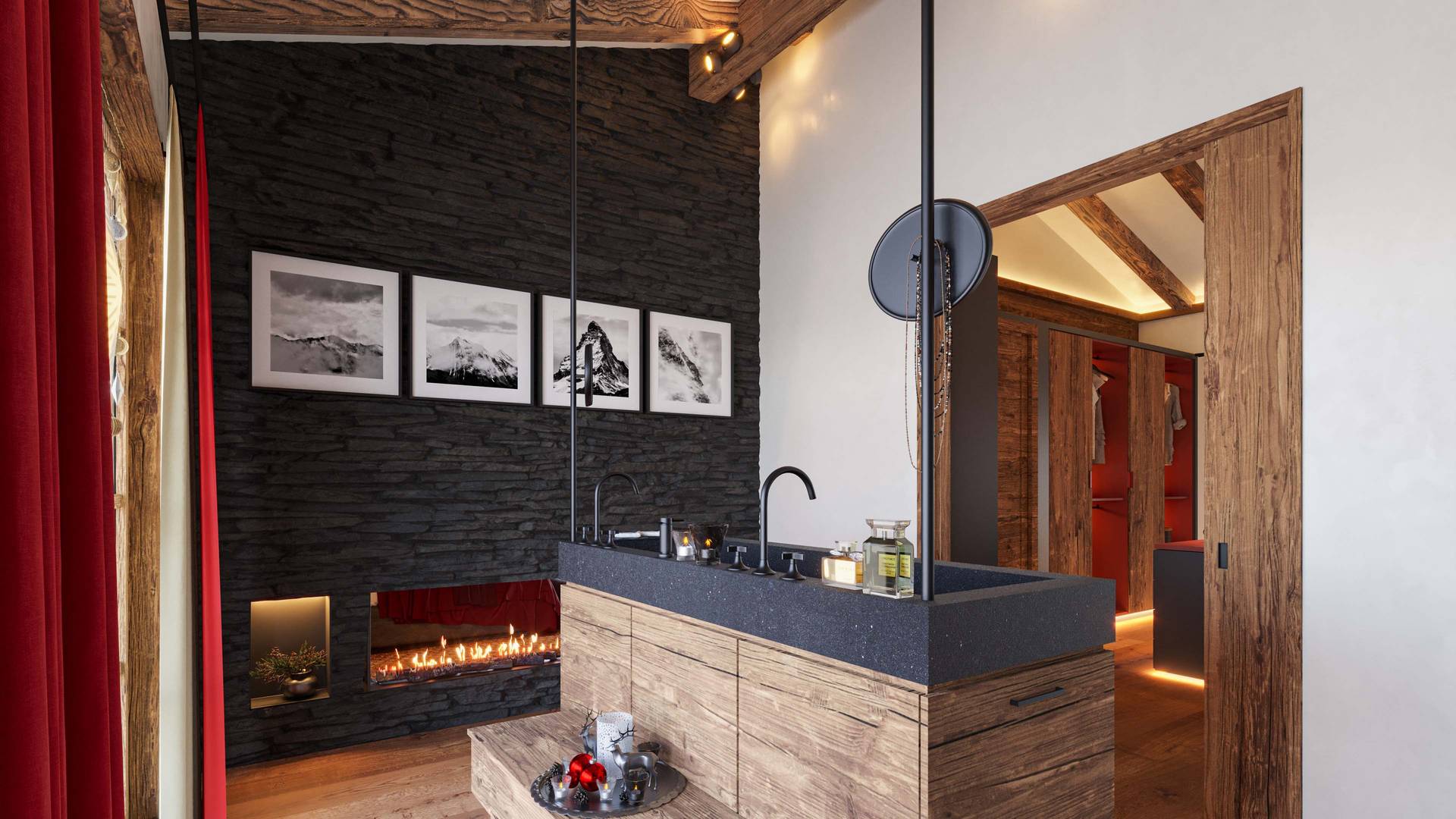 fotorealistische 3D Visualisierung des Badezimmers mit Natursteinwand und Kamin im Luxus Chalet Mountainments THREE Kitzbühel