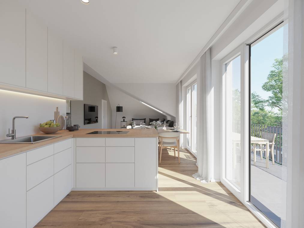 3D Visualization of a modern kitchen in Offenbach with bright cabinets, wooden countertops, and direct access to the terrace.