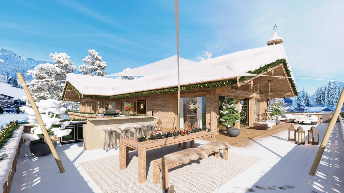 3D Visualisierung einer luxuriösen Chalet Terrasse mit Alpenpanorama