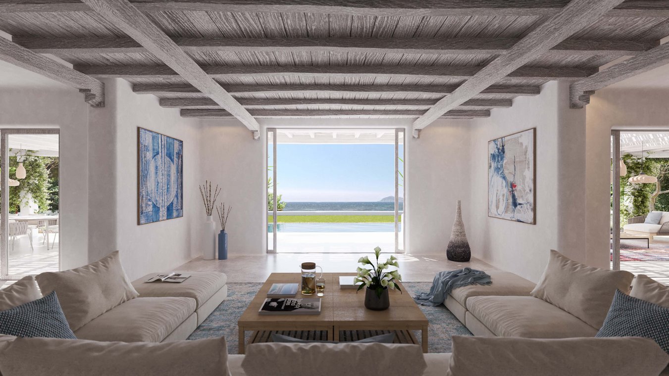 Architectural visualization of a cozy living room with wooden beams, Mediterranean design, and terrace access.