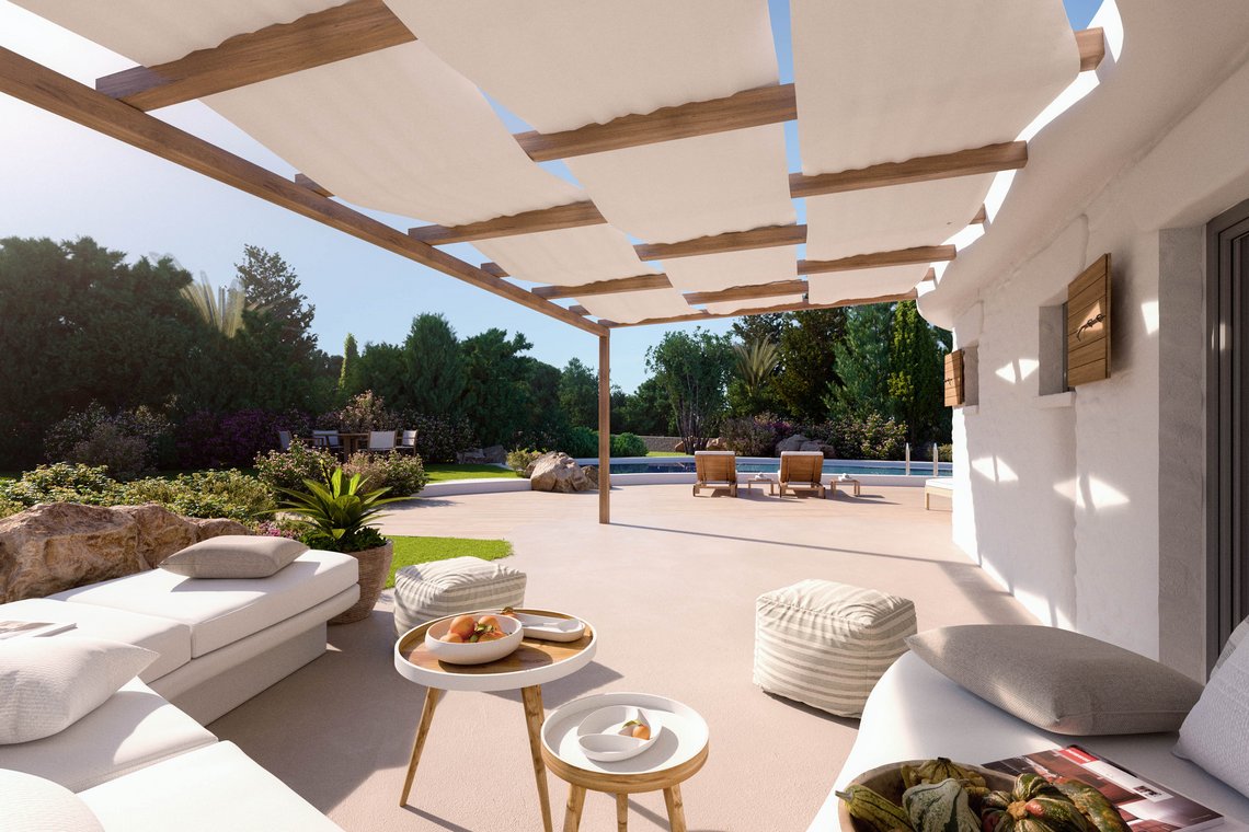 3d visualisierung einer offenen Terrasse mit Holzpergola, weißen Stoffbahnen, gemütlichen Loungemöbeln und Blick auf den Garten.