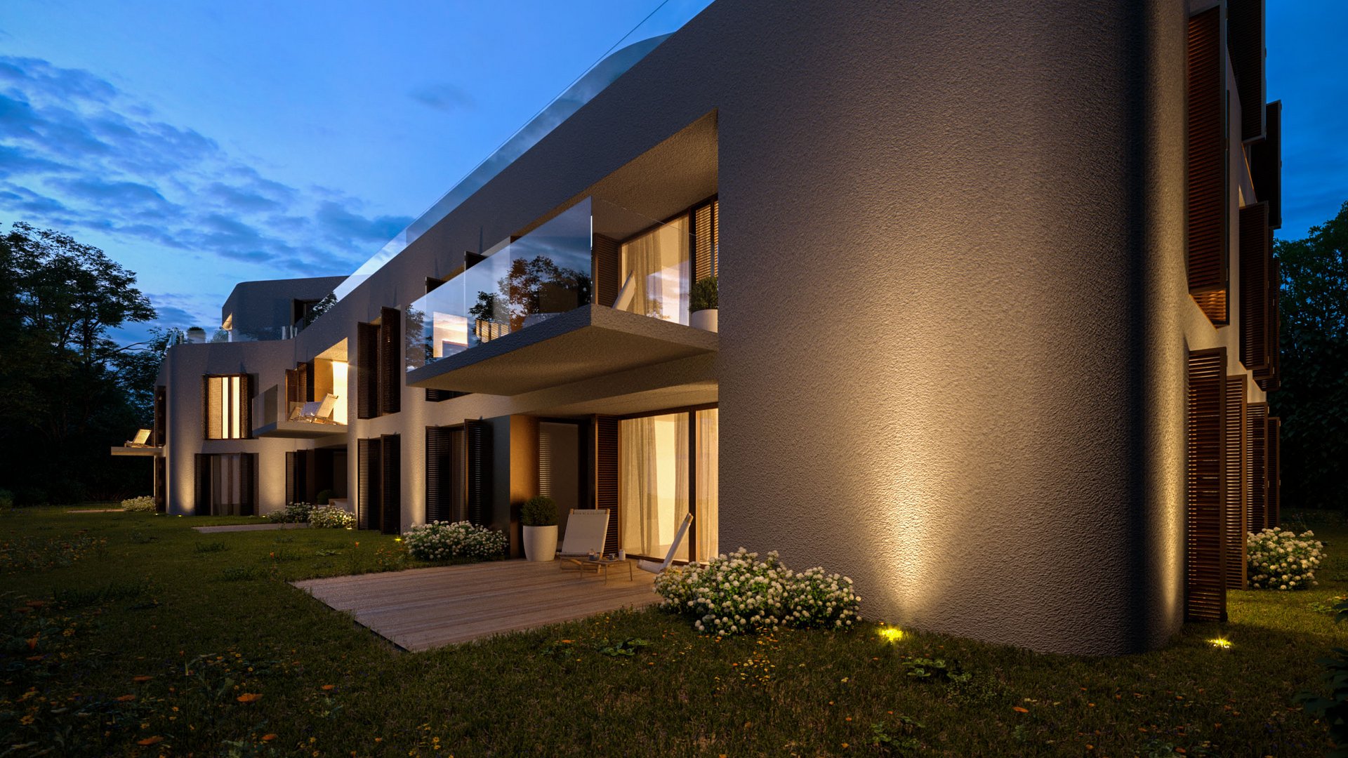 3D rendering of a modern residential building at Benediktenwandstraße Berlin at dusk