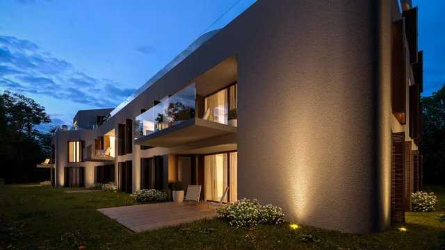 3D rendering of a modern residential building at Benediktenwandstraße Berlin at dusk