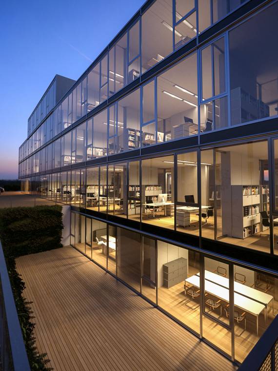architectural visualization of modern office building with glass facade at night