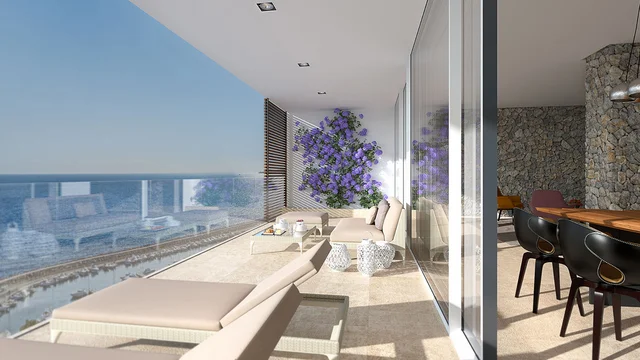 3D-Rendering moderne Luxuswohnung in Portals Nous Mallorca mit Meerblick, Terrasse mit Glasfront und eleganten Sonnenliegen.