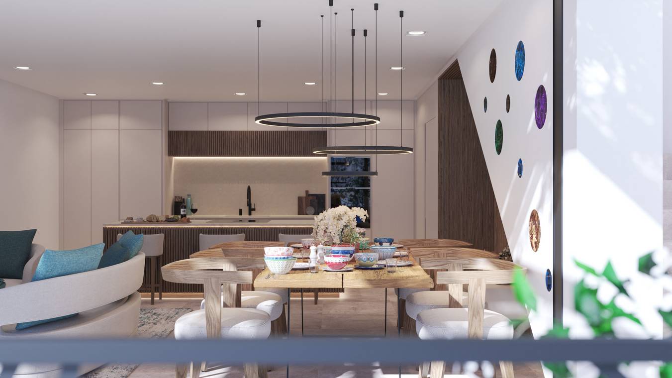 Minimalistischer Essbereich mit Designleuchten und Naturholz – 3D Interior Rendering Mallorca