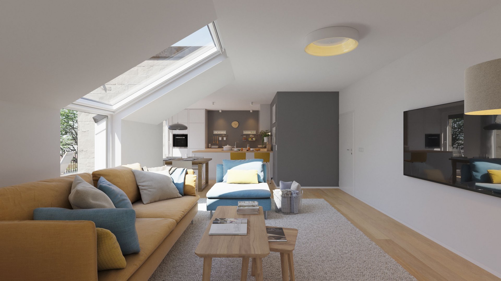 Modern furnished living room with sloping ceiling and large skylight, 3D visualization Salinenstraße Erfurt.