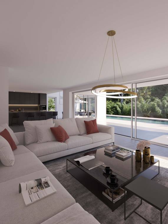 Innenraumvisualisierung eines modernen Wohnzimmers mit Blick auf Garten und Pool