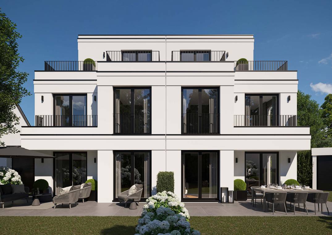 Moderne Architekturvisualisierung eines Neubaus am Gerlachweg in München bei Tageslicht