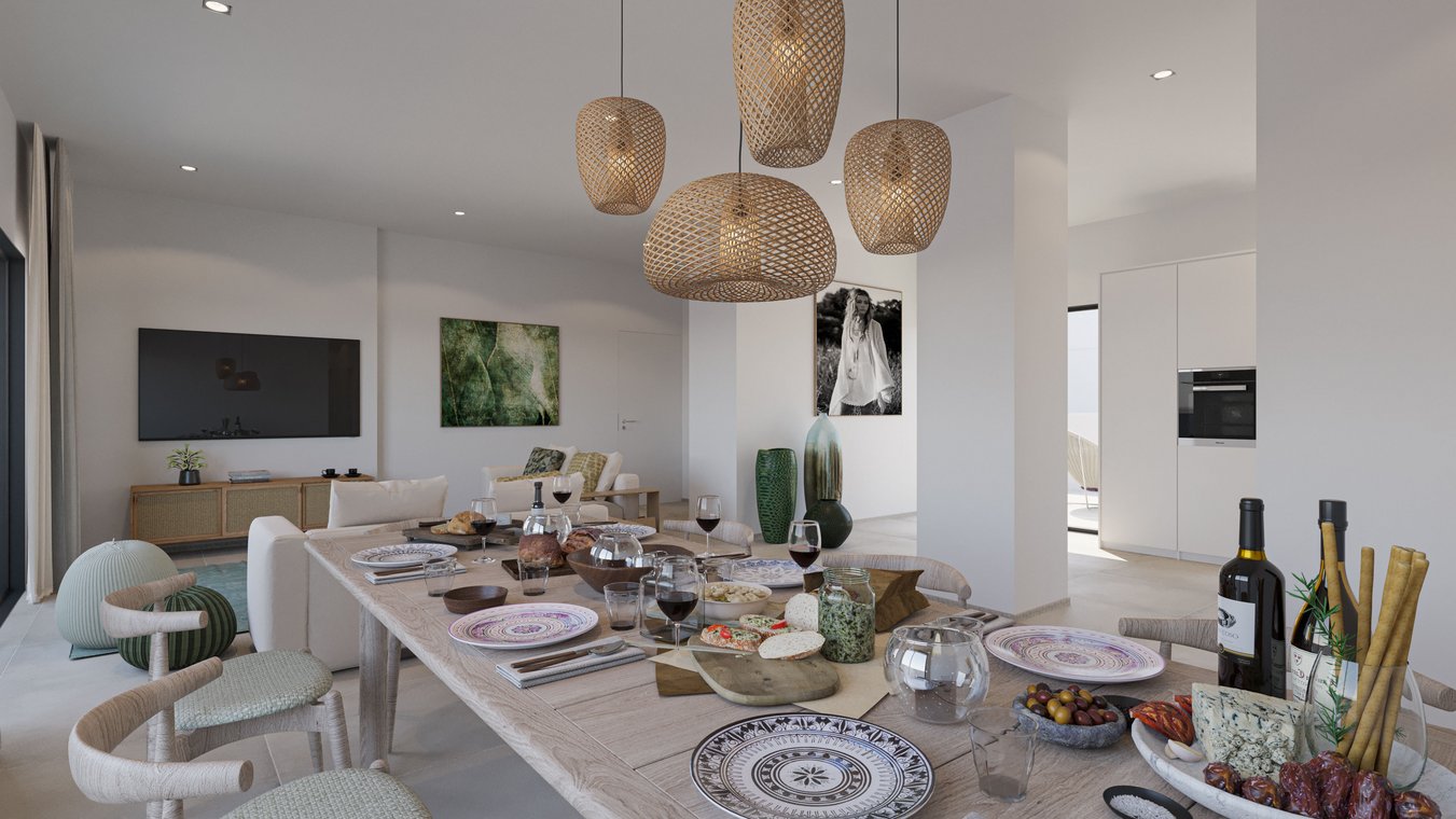 3D visualization of an elegant dining area in the CREO Ibiza complex, featuring a set wooden table, modern pendant lighting, and an open view to the living room with sofas and artworks