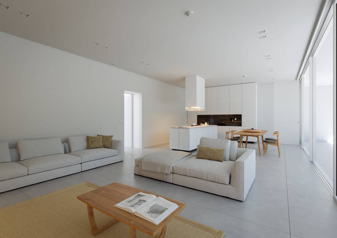 Minimalistisches Wohnzimmer mit offener Küche und moderner Einrichtung – 3D Interior Visualisierung Designhaus CUBUS Düsseldorf