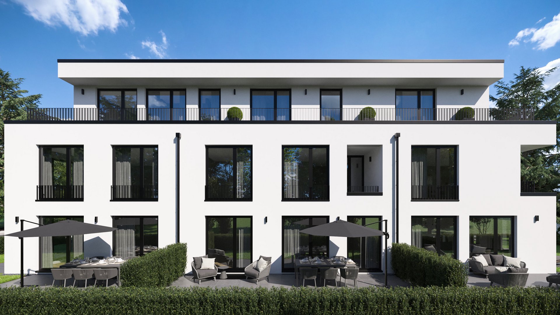 Architectural visualization of a modern residential complex in Munich-Pasing, with multiple three-story buildings, sleek balconies, and landscaped green surroundings.