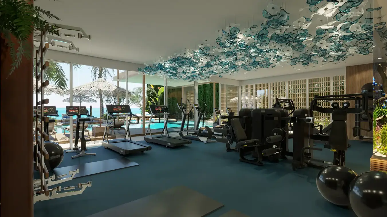 Innenraumvisualisierung Indoor Gym mit Poolblick und Tageslicht – ATLANTIS Ibiza