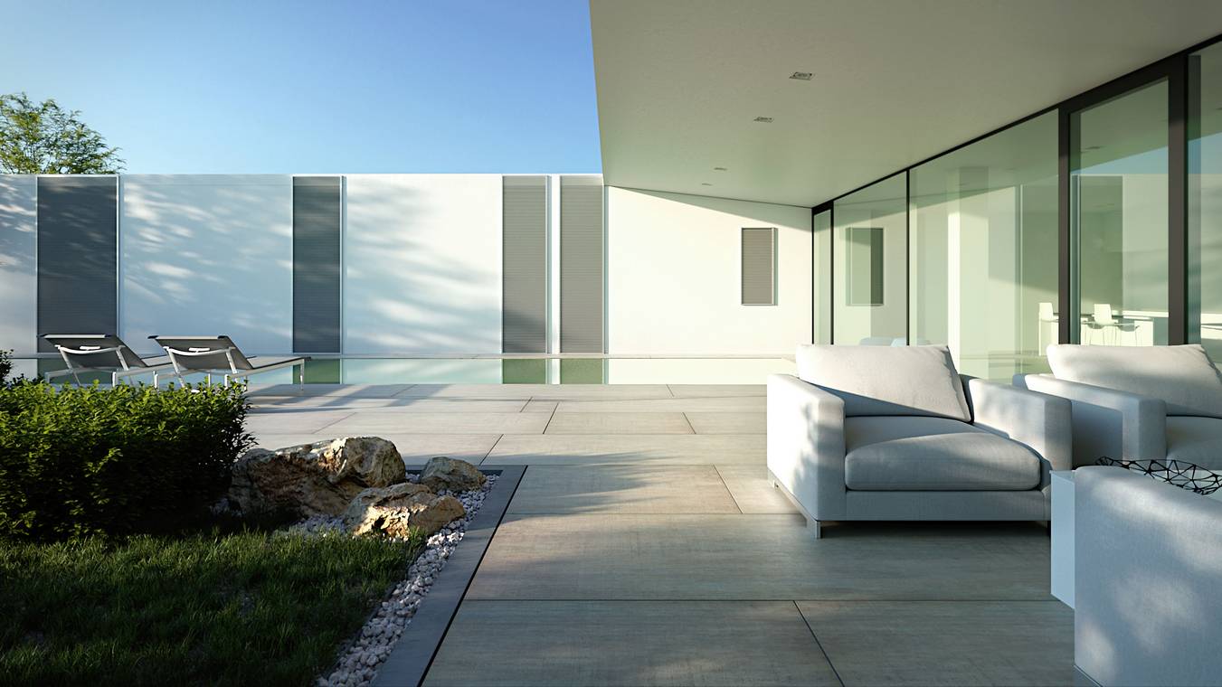 Poolterrasse einer modernen Villa in Jesolo Lido mit minimalistischer Architektur