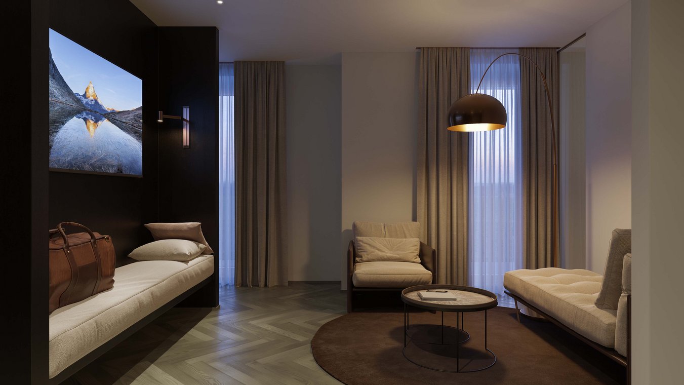 Architectural Visualization of a cozy hotel lounge with sofa, armchairs, and a modern floor lamp.