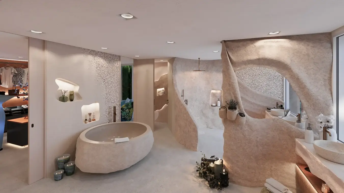 Innenraumvisualisierung Penthouse Badezimmer mit Naturstein – ATLANTIS Ibiza