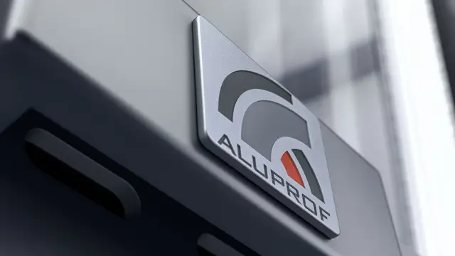 3D Visualization of a close-up view of the Aluprof logo on a modern aluminum window profile.