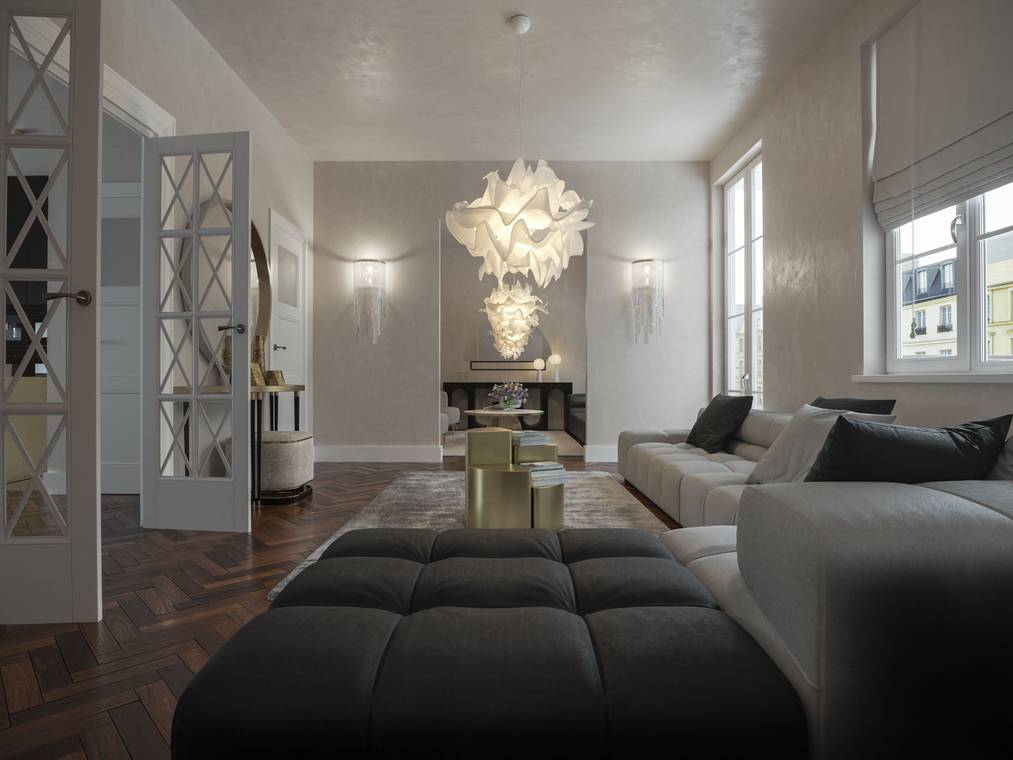 Architekturvisualisierung eines modernen Wohnbereichs mit großzügigen Sofas, kunstvollen Deckenleuchten und eleganter Innenarchitektur in Hamburg.