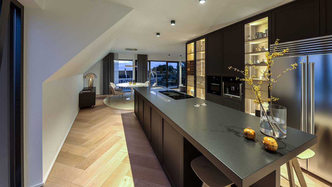 3D architekturvisualisierung von gmsvision zeigt eine luxuriöse, moderne Küche mit schwarzer Kochinsel, eleganten Holzdetails und Blick auf den hellen Essbereich.