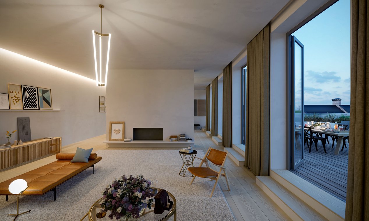 Architectural visualization of a Berlin penthouse living room at blue hour, featuring refined interior lighting and a view of the evening terrace.