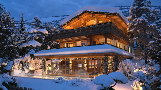 Stunning 3D Visualization of a traditional chalet at night in winter, illuminated with warm lights and surrounded by snow-covered trees.