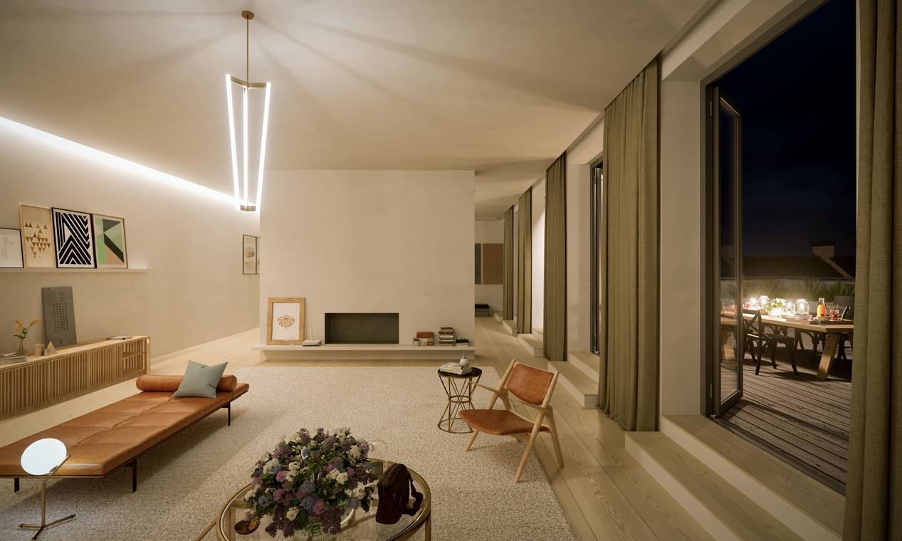 Architekturvisualisierung eines Penthaus-Wohnzimmers in Berlin bei Nacht, mit stimmungsvoller Innenbeleuchtung und einer einladend beleuchteten Terrasse.