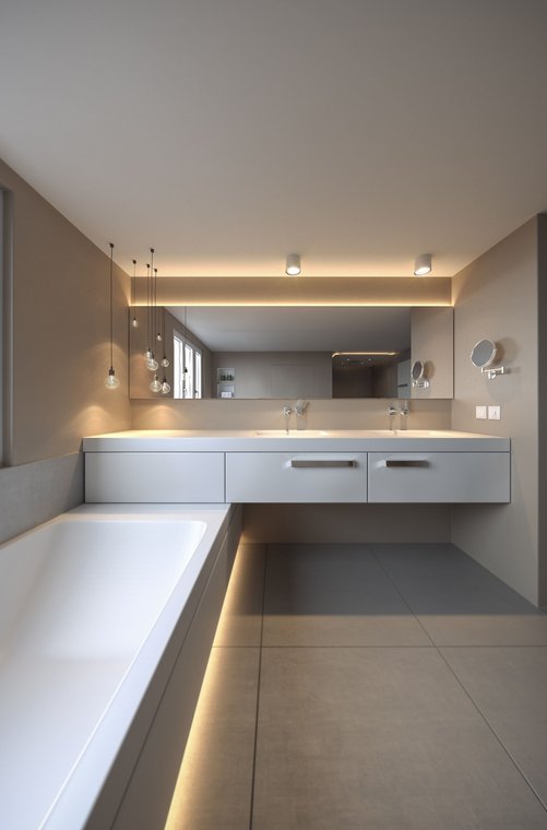 Architectural visualization of a modern bathroom in Frankfurt featuring a wide double vanity, large mirror, and built-in bathtub – 3D product visualization by gmsvision.
